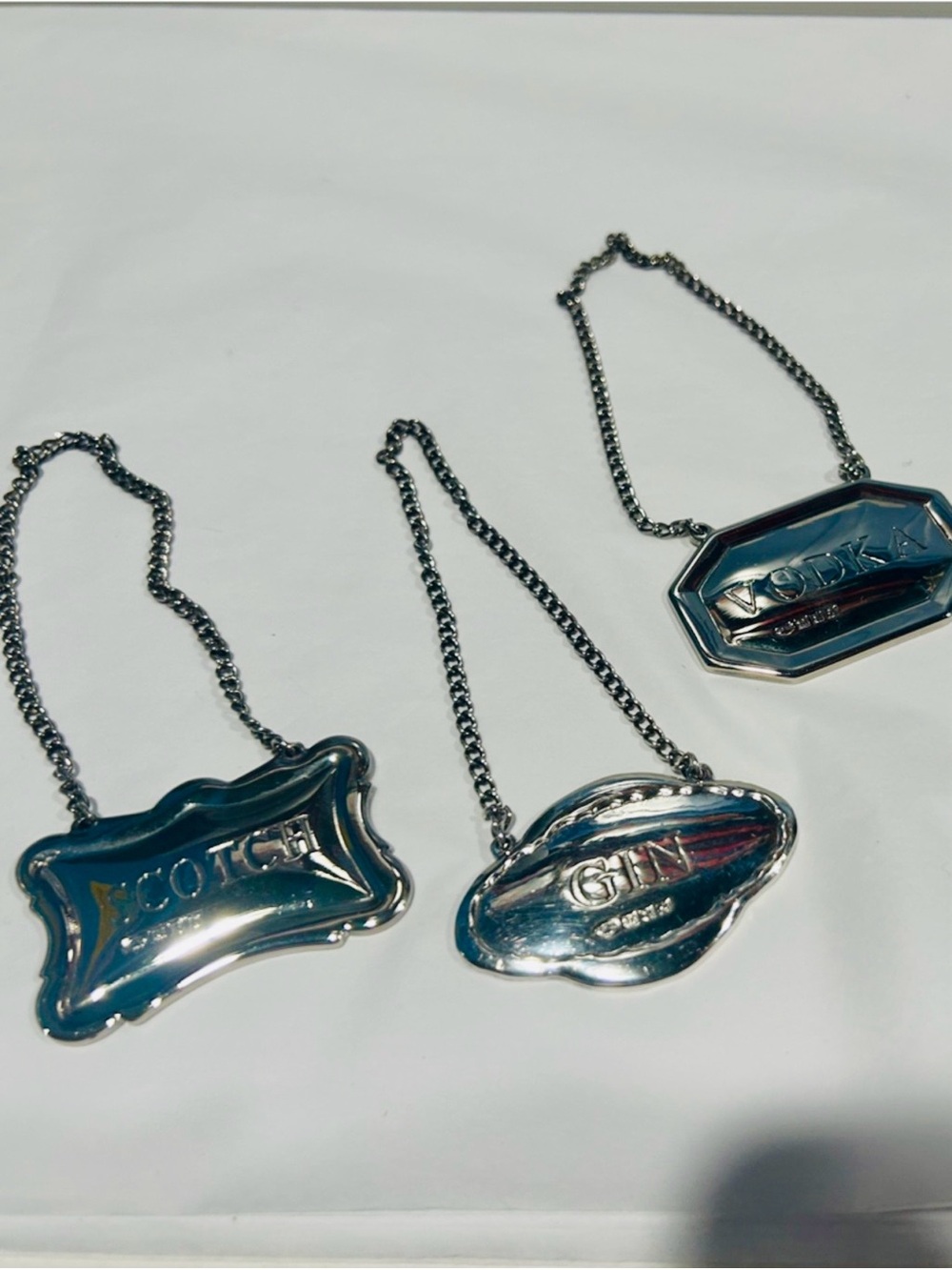 Pottery Barn Silver Plate Decanter Tags Set 3 Scotch Gin Vodka Barware